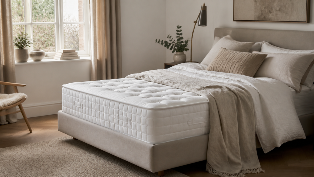 Supportive mattress on a stylish upholstered bed in a calm modern UK bedroom