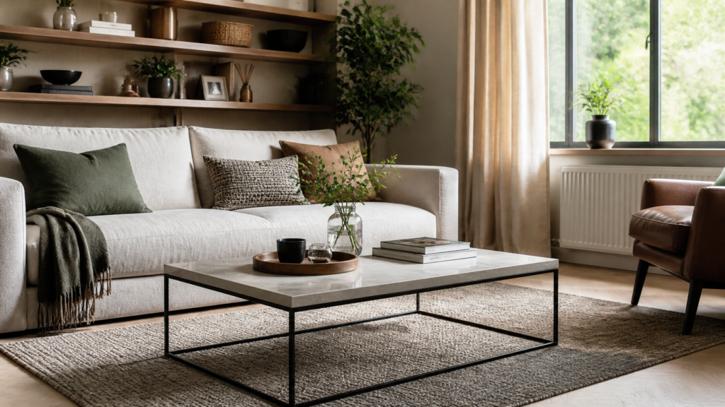 Modern UK living room with a stylish coffee table, sofa and warm natural light