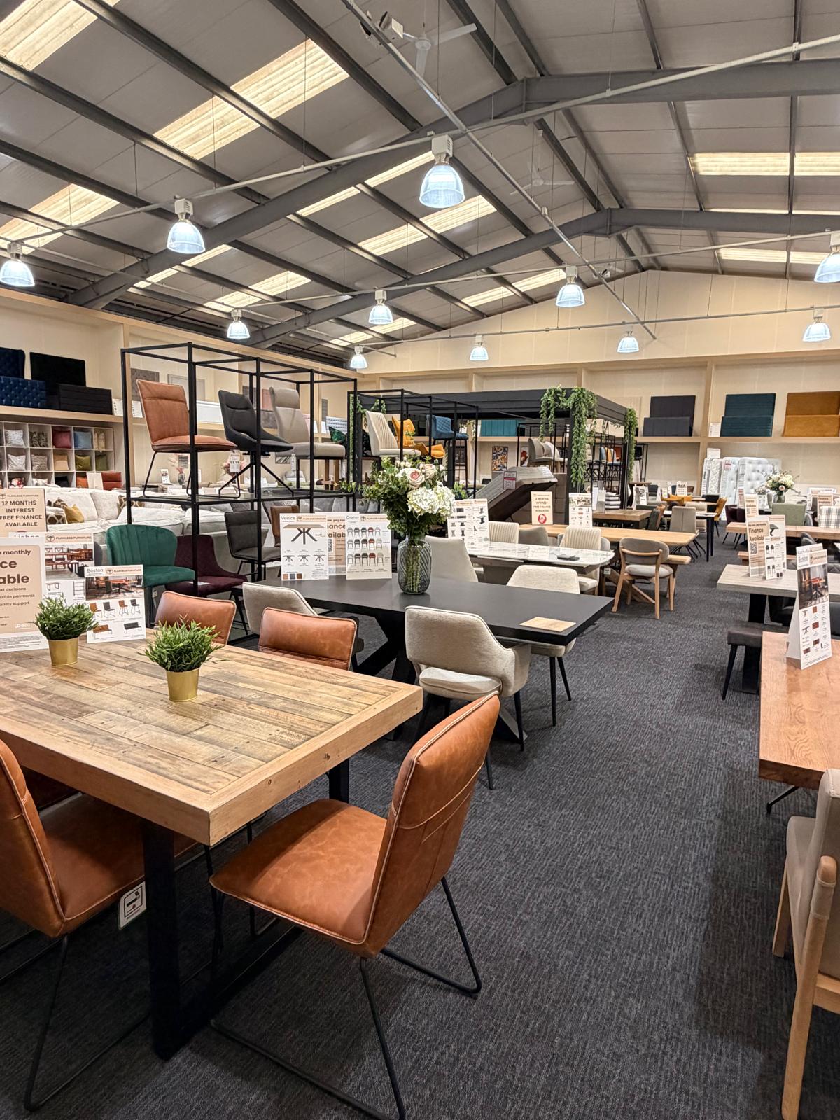 Dining furniture displayed in the showroom